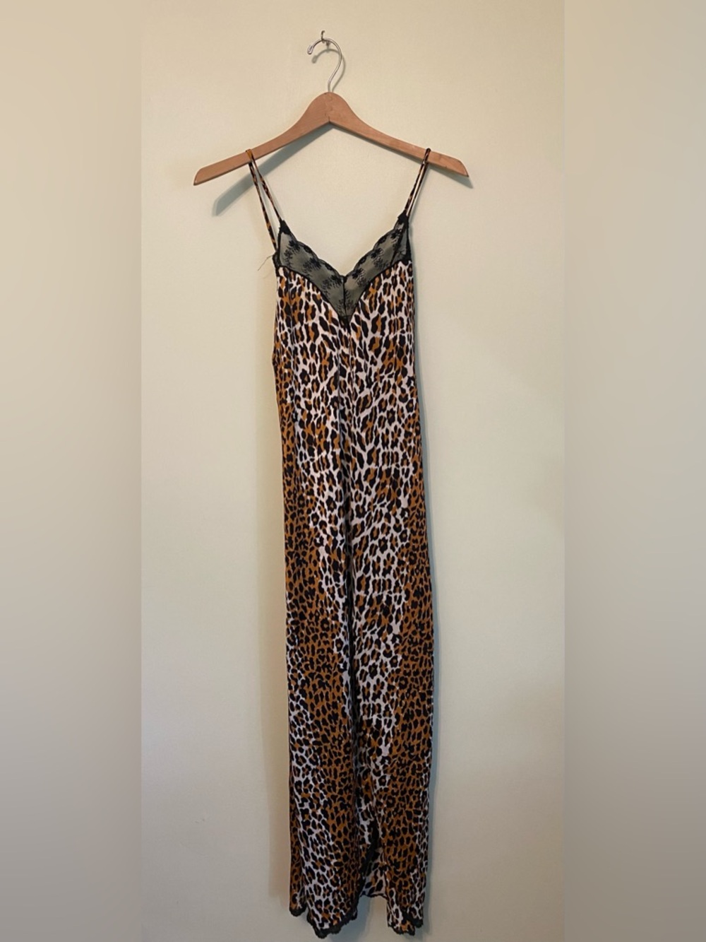 Leopard Print Satin Slip Dress with Lace Trim - Brown